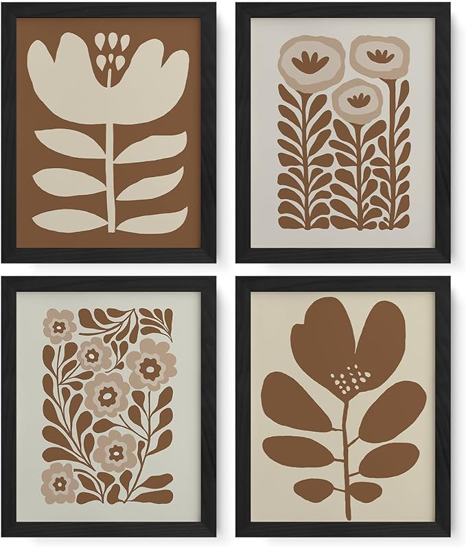 JXREQ Brown Boho Abstract Neutral Floral Posters Wall Art Prints Set of 4, Mid Century Modern Abs... | Amazon (US)