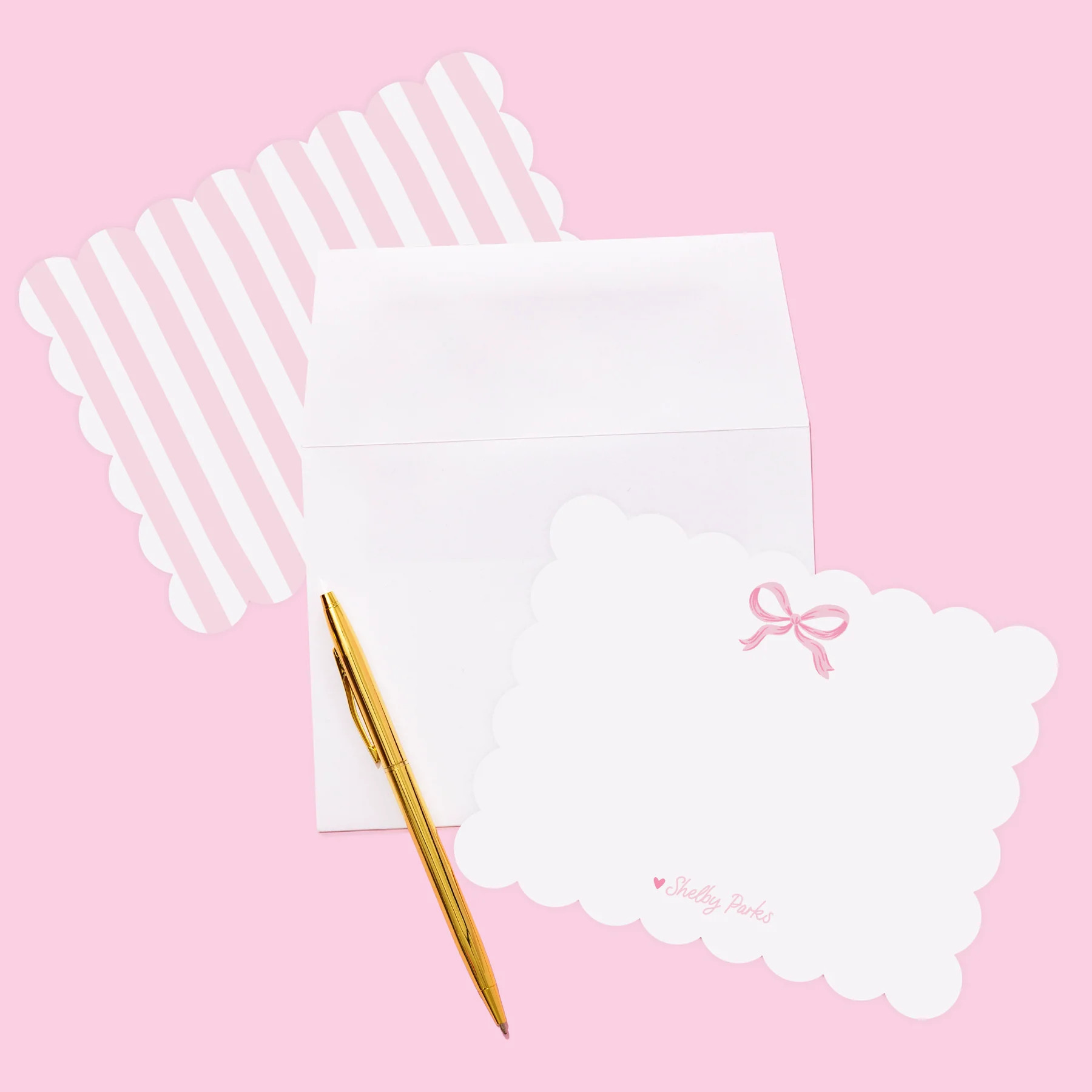 Shelby Parks Pink Bow Personalized Scallop Stationery | Joy Creative Shop