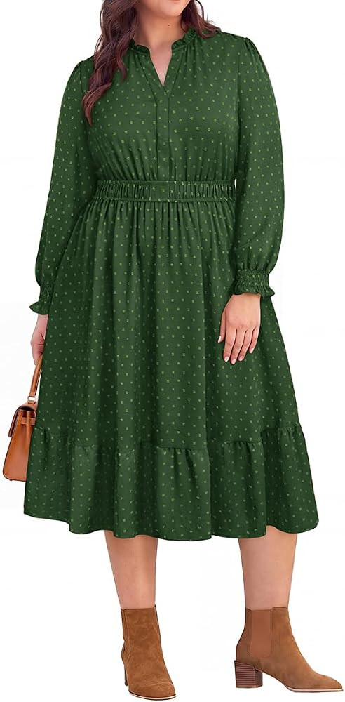 RITERA Women's Plus Size Fall Wedding Guest Midi Dress, V Neck Long Sleeve | Amazon (US)