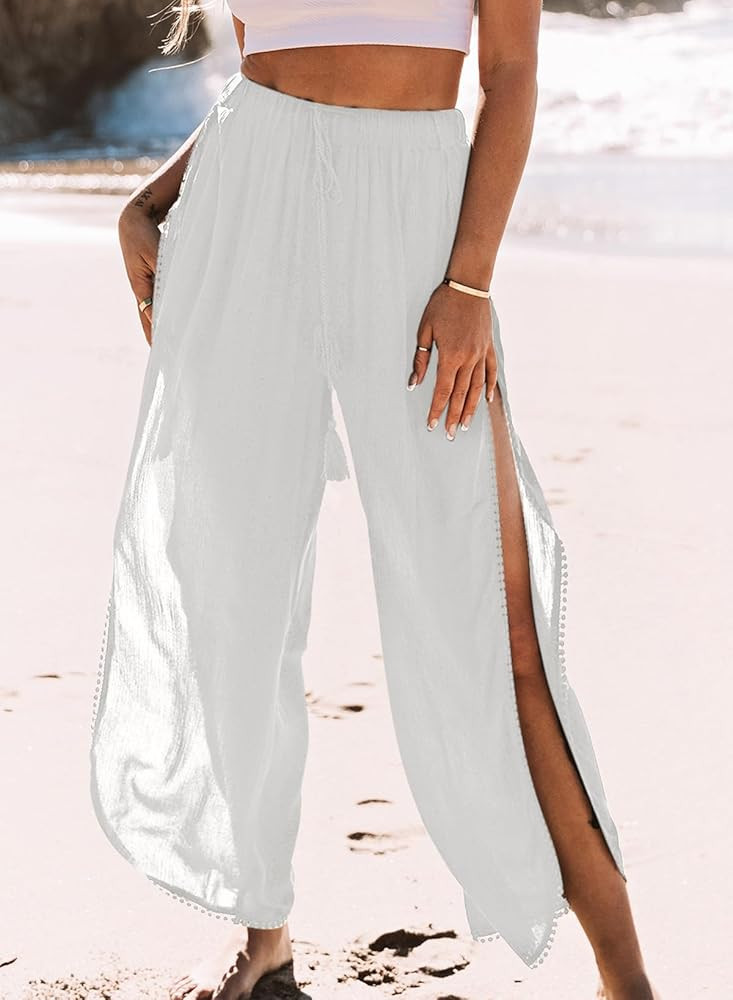 Amazon.com: Summer Womens Lace Trim Along Split Leg Beach Cover up Pants Beach White : Clothing, ... | Amazon (US)