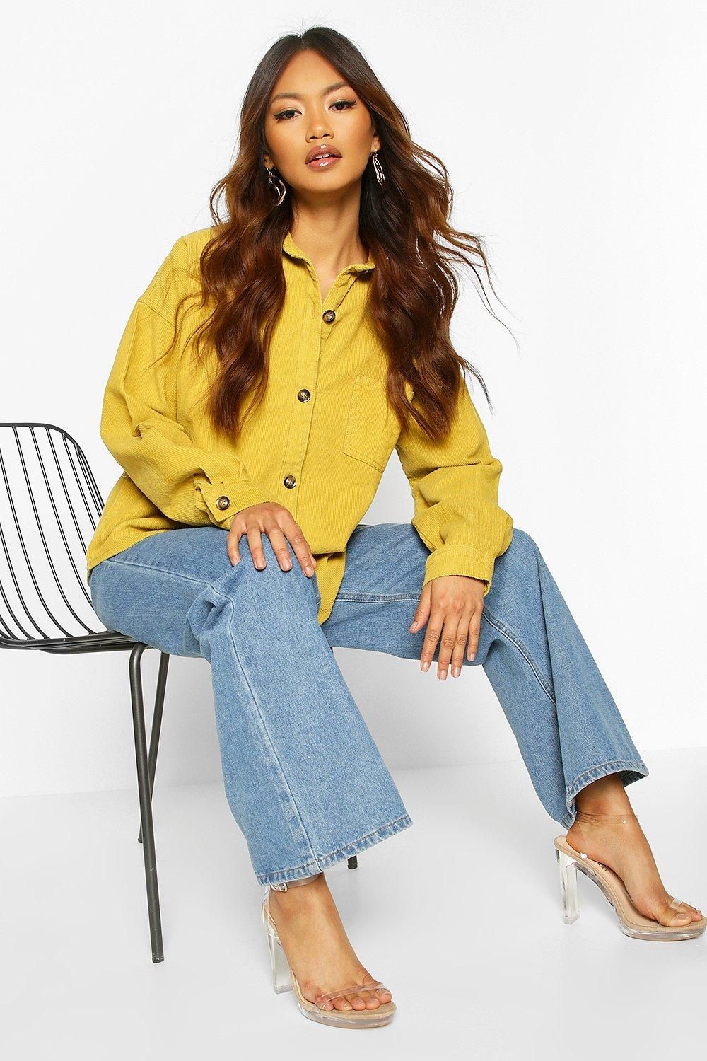 Womens Oversized Mock Horn Button Cord Shirt - Yellow - 12 | Boohoo.com (US & CA)