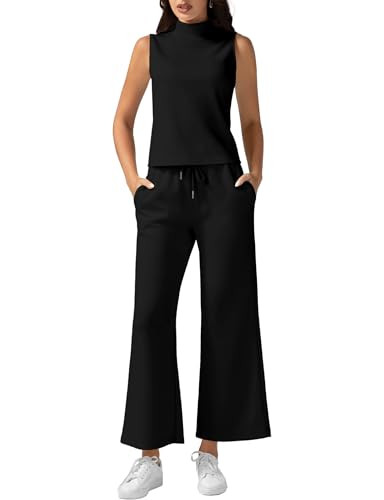 Women's Summer 2 Piece Outfits Mock Neck Tank Top Cropped Wide Leg Pants Lounge Sets 2025 Fashion... | Amazon (US)