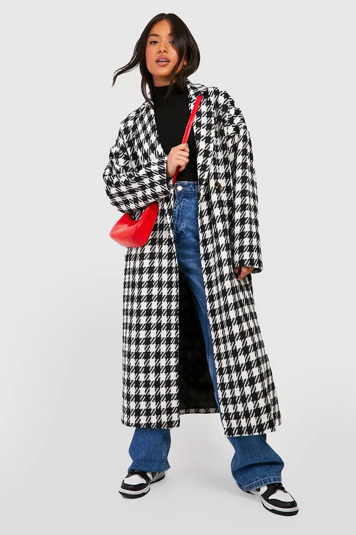 Petite Boucle Dogtooth Longline Coat | boohoo (US & Canada)
