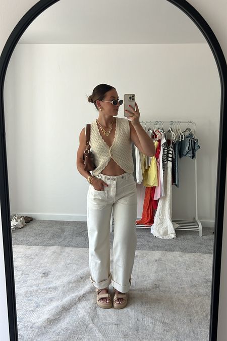 5/28/24 Casual summer outfit 🫶🏼 Summer outfit inspo, summer fashion, summer fashion trends 2024, sweater vest, sweater vest outfits, cream jeans, cuffed jeans, white jeans, summer jeans, summer pants, free people outfits, free people summer fashion, platform sandals, Steve Madden sandals, summer sandals, summer shoes
