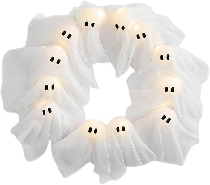 Halloween Ghost Wreath, 12 LED Light-Up White Ghost Garland, Spooky Indoor & Outdoor Hanging Deco... | Amazon (US)