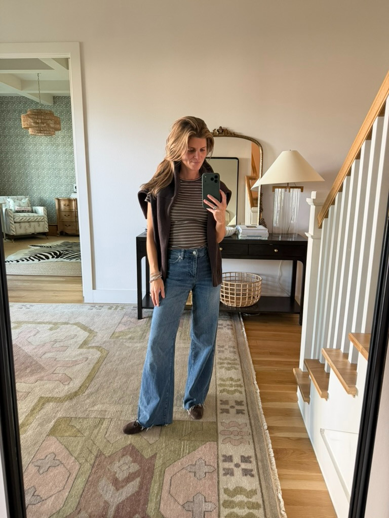 Brown and denim. My go-to fall formula right now. Easy for running around and still feels put together.

Gap striped tee · wearing XS. On sale right now!

FRAME palazzo jeans · wearing [size]. Wide leg with a raw hem.

Gap brown sweater · wearing [size]. Thrown over my shoulders for when it gets chilly.

Fall outfit · mom outfit · errand outfit · weekend outfit · wide leg jeans · palazzo jeans · striped tee · brown sweater · brown and denim · fall color palette · elevated casual · casual outfit 

 