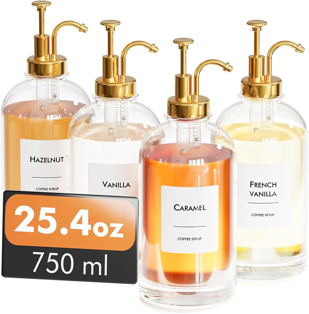 25.4oz Coffee Syrup Dispenser Set - 4 Glass Bottles with Gold Pumper and Syrup Labels - Precise D... | Amazon (US)