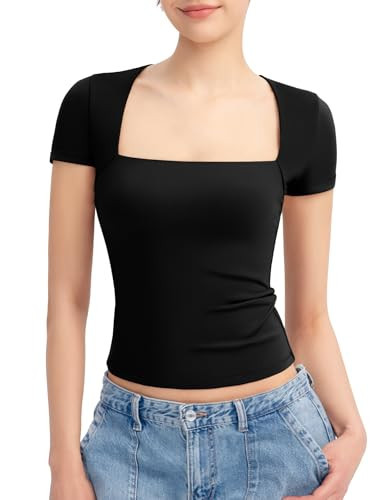 PUMIEY Short Sleeve T Shirts for Women Square Neck Top Sexy Going Out Tops Slim Fit Tee Shirt, Jet Black X-Large | Amazon (US)