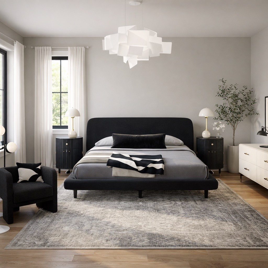 Black and white bedroom design. Bedroom inspiration. Black queen bed, white fluted dresser, black fluted nightstands, flowerpot lamps, futuristic pendant light, black side chair, vintage-style rug. #bedroom #homedecor

#LTKSeasonal #LTKHome