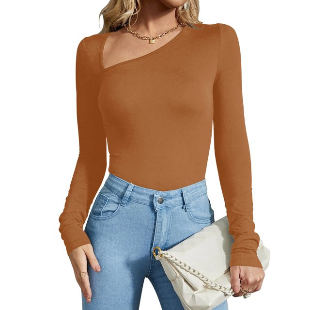 REORIA Women's Bodysuit Classy Asymmetrical Neck Long Sleeve Ribbed Tops Slimming Thong Brown,S-2... | Walmart (US)