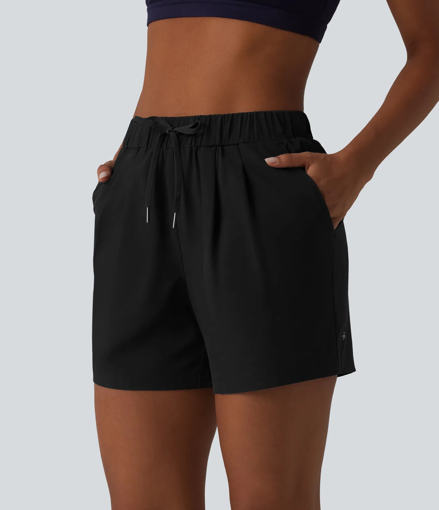 High Waisted Elastic Waistband Drawstring Pleated Yoga Shorts 5" with Pockets | HALARA