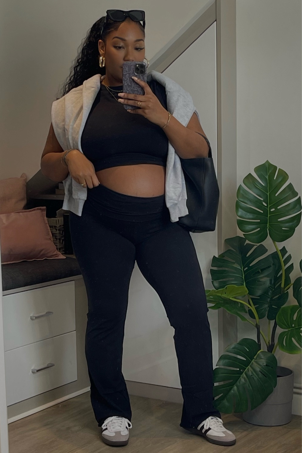 Fall outfit, fall fashion, transitional outfit, comfy outfit, weekend outfit, cropped top, black top, flare leggings, fold over waist band, sambas, grey sweatshirt, oversized sweatshirt, Skims, Adidas, Amazon Fashion, Uniqlo 

#LTKstyletip #LTKeurope #LTKSeasonal