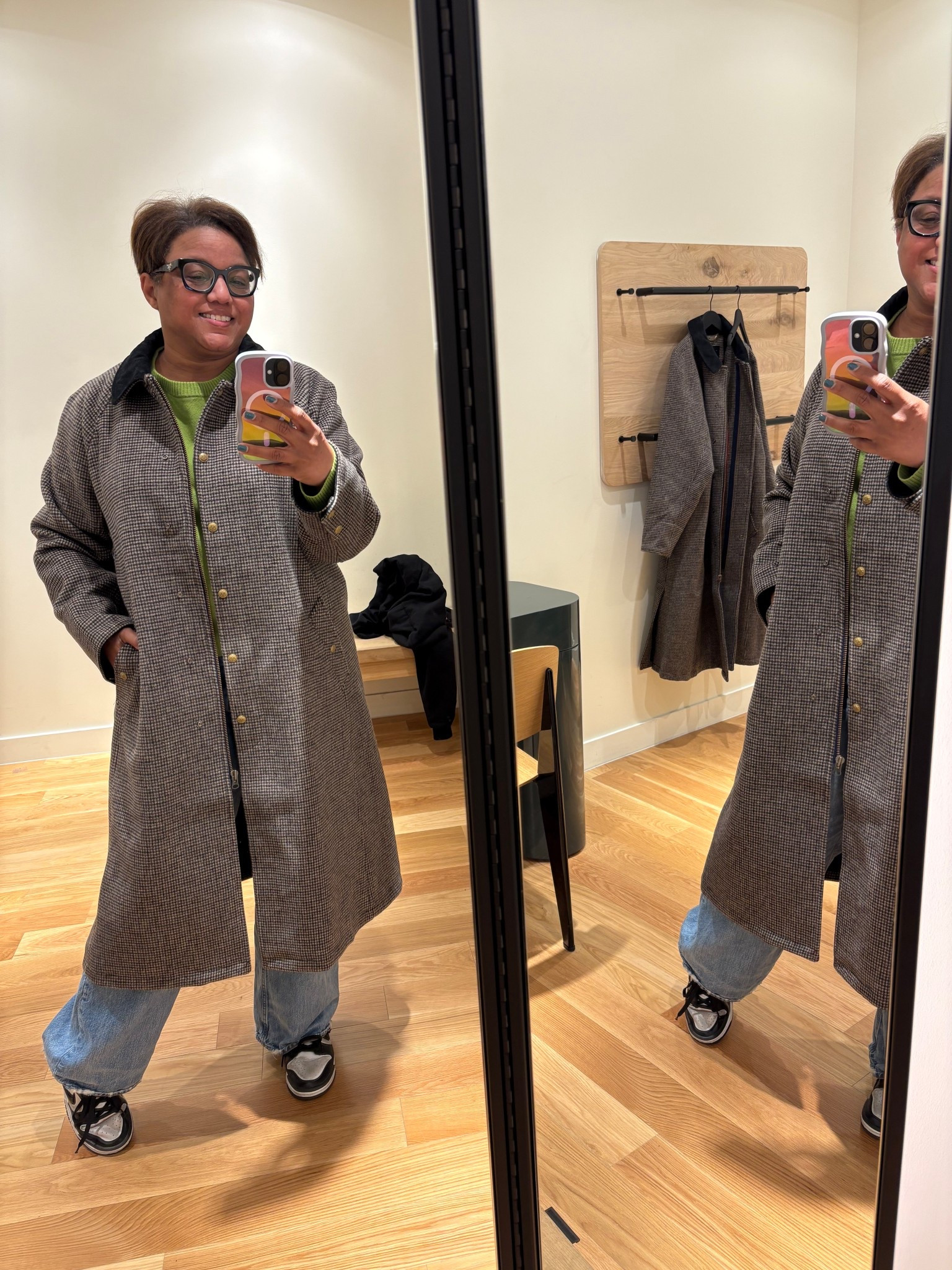 This coat is EVERYTHING!!!!! The corduroy collar is the perfect detail. And, there are SOOO many cute ways to style this beauty. It looks great with a chunky cable knit sweater and jeans and it also looks great with a pleated skirt!!  I purchased the size Large…it’s definitely an oversized fit! 