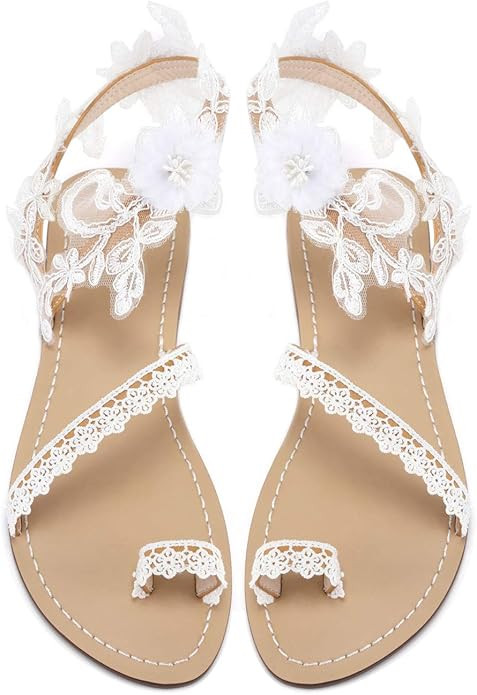 Women'S Wedding Flat Sandals, White Lace Sandals, Beach Sandals, Wedding Party Dress White Dress ... | Amazon (US)
