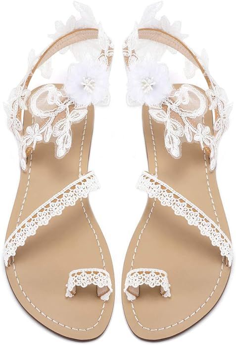 Women'S Wedding Flat Sandals, White Lace Sandals, Beach Sandals, Wedding Party Dress White Dress ... | Amazon (US)