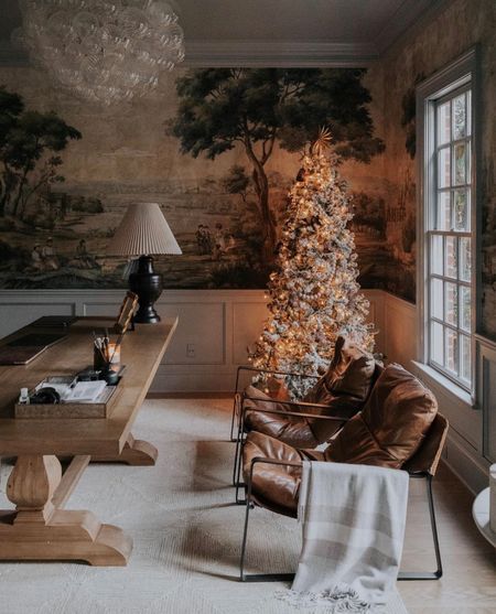 Christmas decor in our home study. This flocked Christmas tree next to our leather sling chairs 🥹

#LTKSeasonal #LTKHoliday #LTKhome