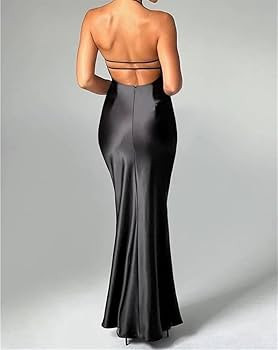 Elegant Women Satin Backless V-neck Sexy Party Evening Long Dress Ladies 2024 Spring Beach Holida... | Amazon (US)