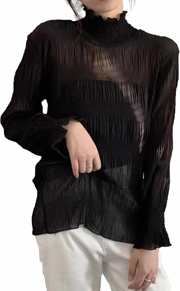 Women Ruffle Trim High Necked Cute Blouse Lantern Long Sleeve Tops Vintage Shirts | Amazon (US)