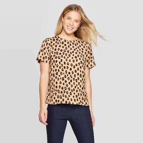 Women's Leopard Print Short Sleeve Round Neck Crepe T-Shirt - A New Day™ Light Brown | Target