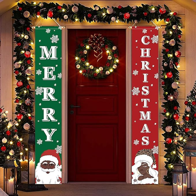 Merry Christmas Banner- Christmas Door Banner 71"x 12" Hanging Black Santa African American Santa... | Amazon (US)
