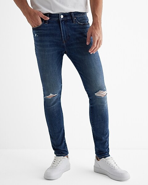 Super Skinny Dark Wash Ripped Ultra Hyper Stretch Jeans | Express