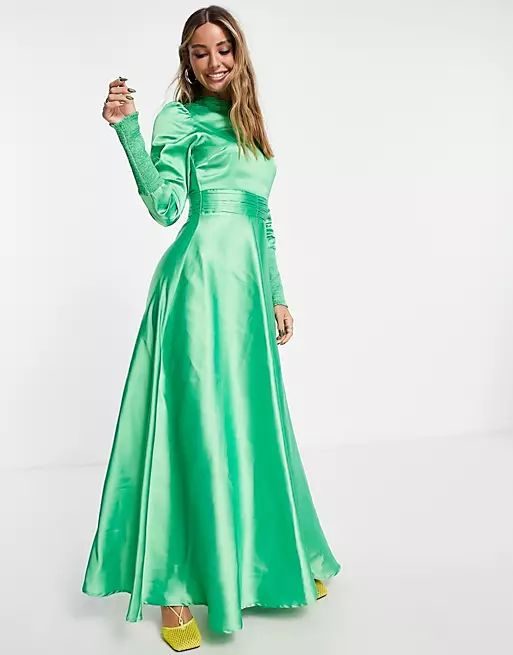 ASOS DESIGN long sleeve satin maxi tea dress with gathered waist and shirred cuffs in emerald gre... | ASOS (Global)