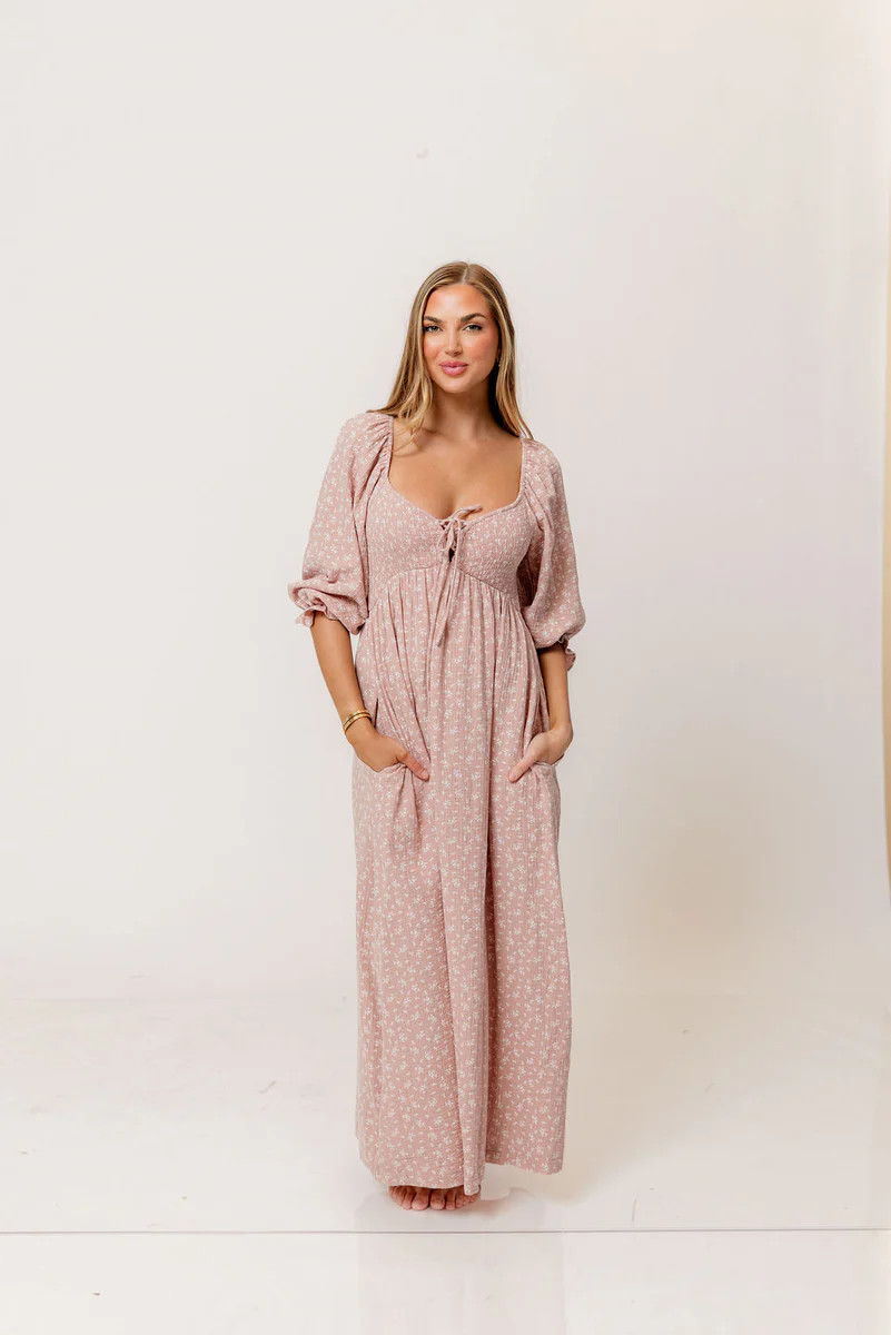 Cecilia 100% Cotton Smocked Maxi Dress in Rose Foliage - Bump Friendly | Worth Collective