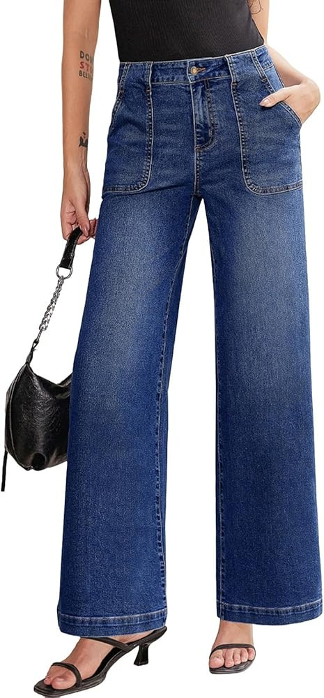 Sidefeel Womens Wide Leg Jeans High Waisted Stretchy Straight Leg Baggy Denim Pants with Pockets | Amazon (US)