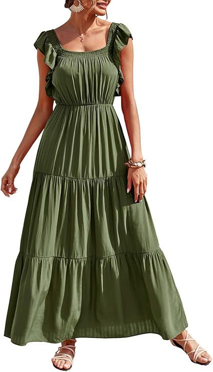 PRETTYGARDEN Women’s Bohemian Sleeveless Maxi Dress Square Neck Backless Boho Ruffle Hem Long D... | Amazon (US)