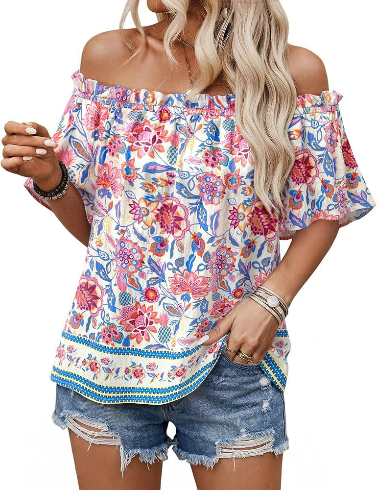 Bebonnie Womens Summer Blouses Dressy Casual Sexy Off The Shoulder Short Sleeve Boho Tops | Amazon (US)