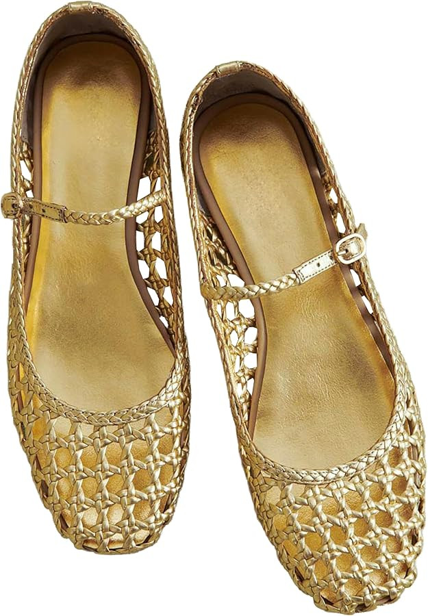 Woven Mesh Ballet Flats for Women Square Toe Mary Jane Flats Buckle Strap Flat Shoes Comfortable ... | Amazon (US)