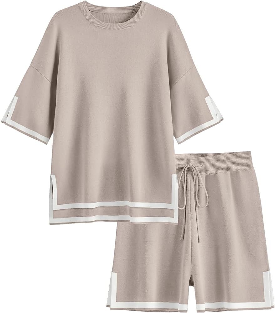 Ekouaer Womens Knit Pajamas Set 2 Piece Sweater Sets Short Sleeve Pullover Tops Loungewear | Amazon (US)