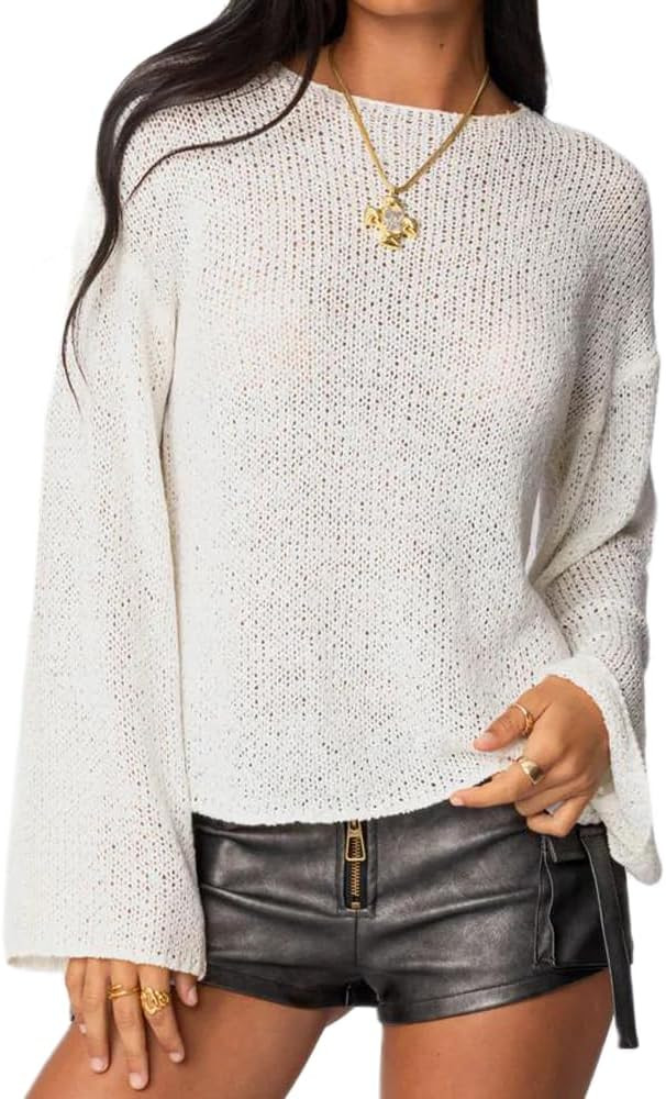 Women Y2K Knit Sweater Drop Shoulder Lightweight Boat Neck Loose Fit Oversized Sheer Knit Sweater... | Amazon (US)