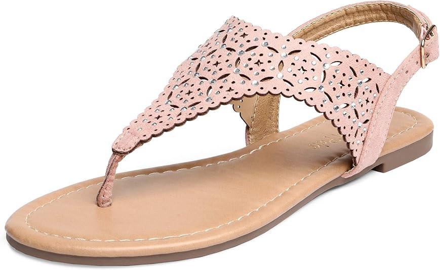 DREAM PAIRS Women Rhinestone Casual Wear Gladiator Flat Cut Out Sandals | Amazon (US)