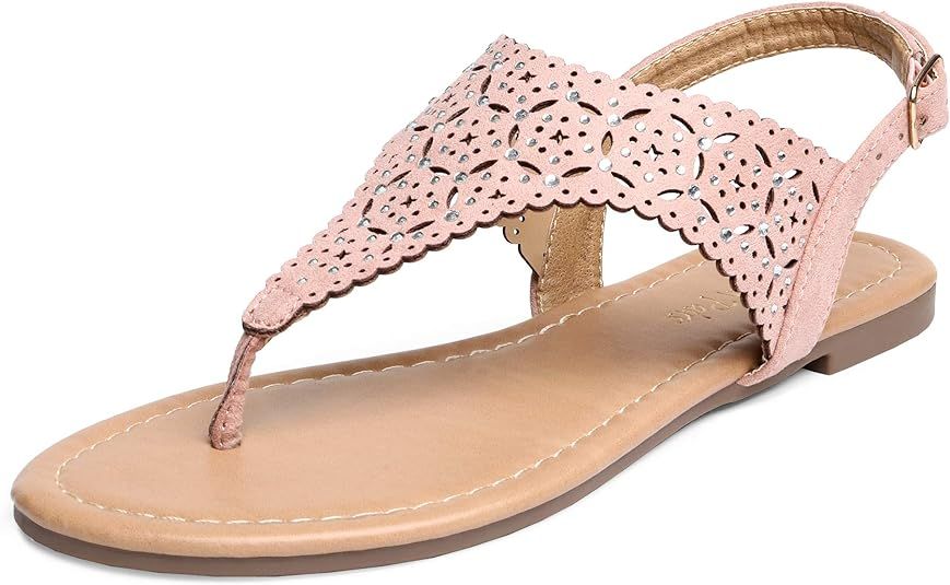 DREAM PAIRS Women Rhinestone Casual Wear Gladiator Flat Cut Out Sandals | Amazon (US)