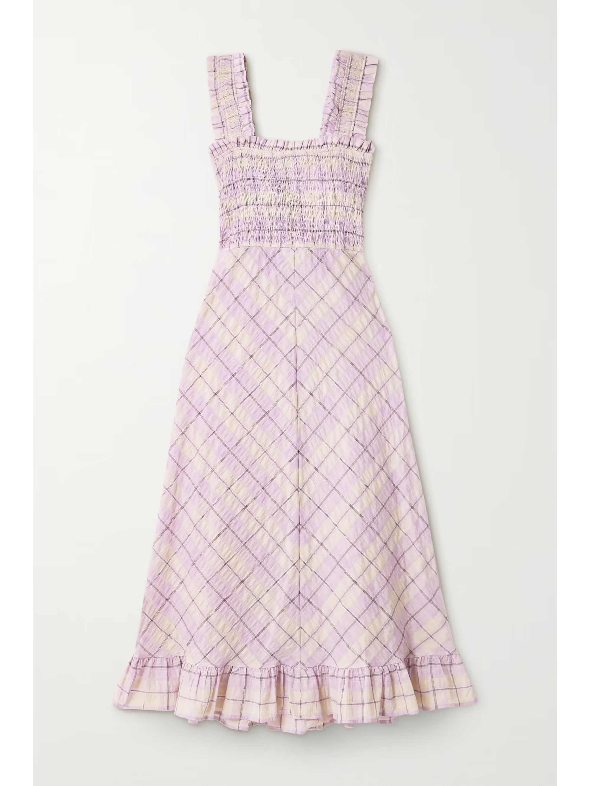 Ruffled smocked checked organic cotton-blend seersucker midi dress | NET-A-PORTER (US)