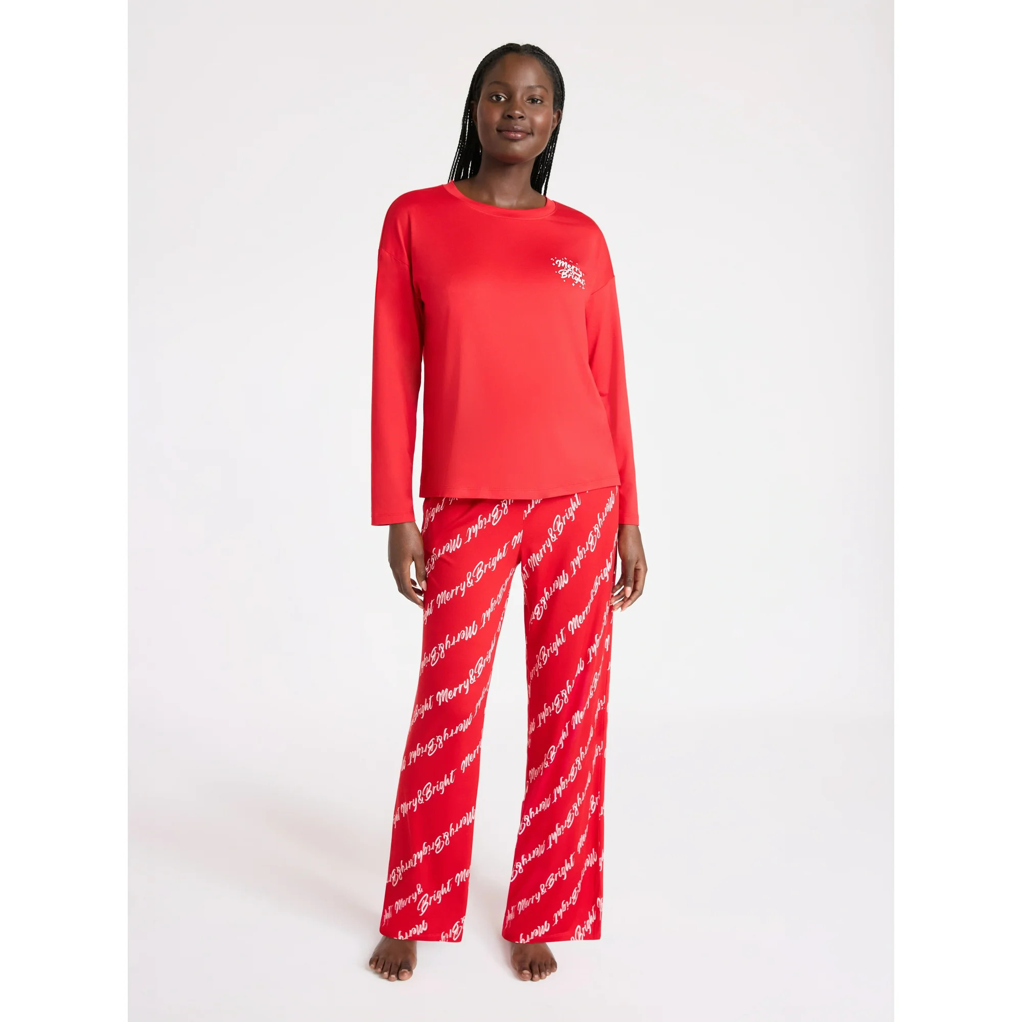 Joyspun Women's Dreamy Soft Collection Long Sleeve Sleep Top and Straight Leg Pants Pajama Set, 2... | Walmart (US)