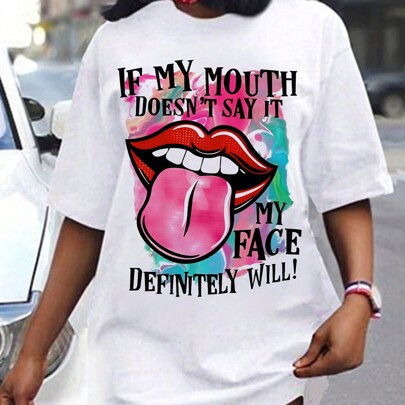 Women's Casual Minimalist Cartoon Sexy Mouth Lip Print Loose Round Neck Short Sleeve T-Shirt Dress, Suitable For Summer, Contains Cotton | SHEIN