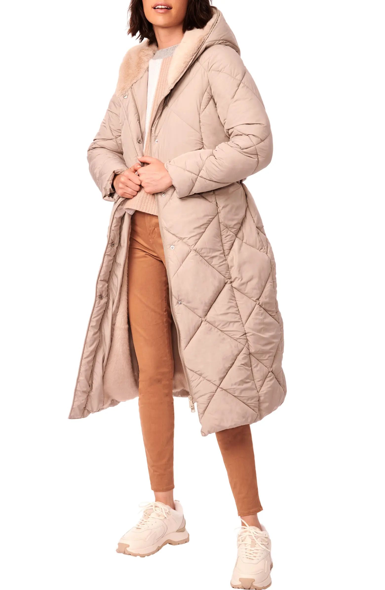 Quilted Tie Waist Recycled Polyester Longline Puffer Jacket | Nordstrom