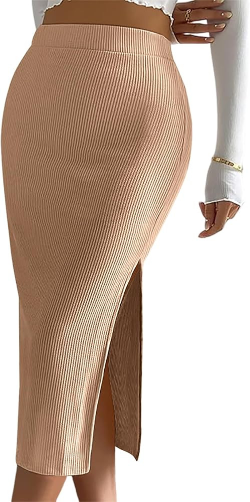 Women's Casual Midi Ribbed Knit Skirt with Side Slit Stretchy Work Business Casual Pencil Pull-On... | Amazon (US)