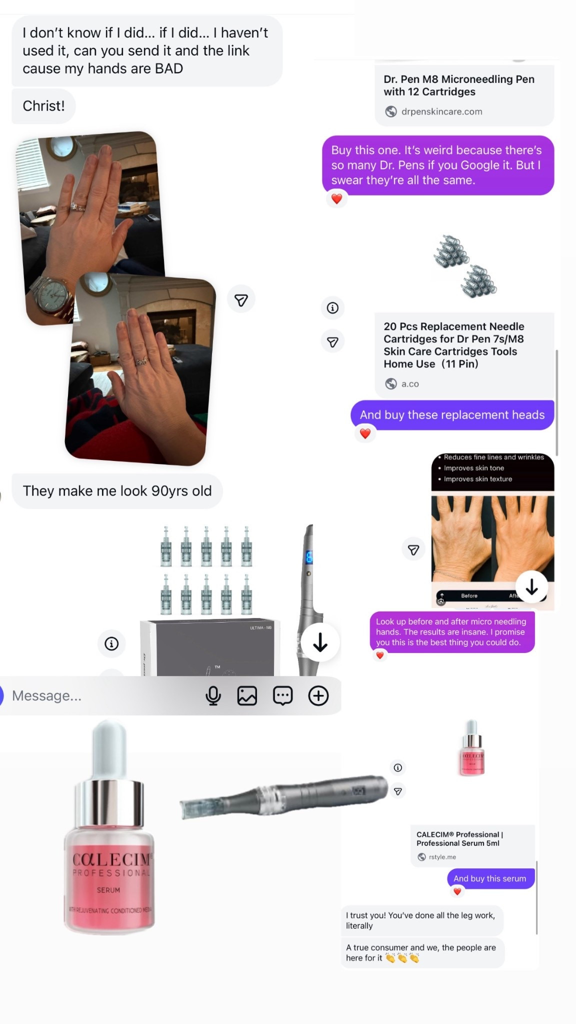 My friend from high school was complaining about her hands being crepey and wrinkly. What I told her is that she needs micro needling. But you need to be consistent with it. Every four weeks you need to microneedle with the 11 pin head. I just buy them off of Amazon at a speed three. Apply this serum over your hands and microneedle it into your skin. Mix it with a hyaluronic acid, so it has enough slip. You never want the needles to drag. ￼ I use the Dr. Pen M8 but sadly, I cannot link it. I use the epii cream (apply last) for skin recovery and to heal my skin barrier

#LTKOver40 #LTKBeauty #LTKselfcare