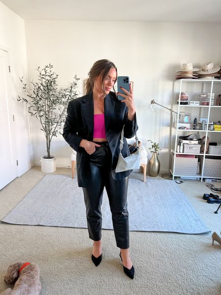 How to style leather pants for a holiday party or a night out! I love wearing a fun bright top underneath my go to oversized blazer paired with these black legging trousers.

Straight leg leather pants size 29/8R
Crop tank fits true to size, size medium
Amazon sequin bag 

Leather Leggings Styling / Leather Pants Outfits

#LTKHoliday #LTKmidsize #LTKparties