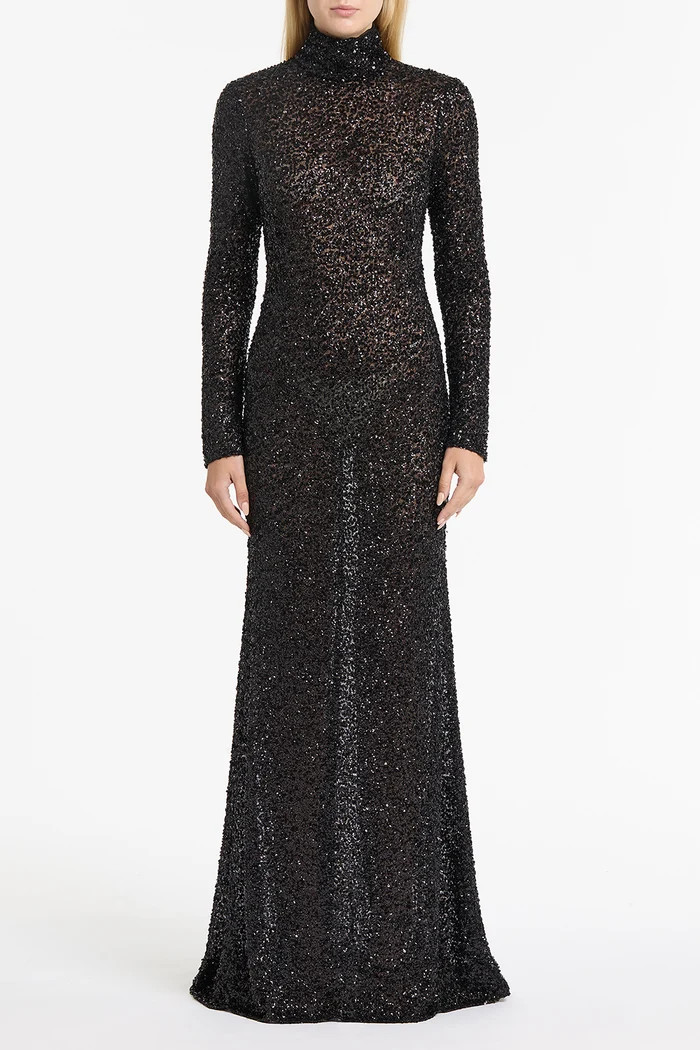 BLACK CRUSHED SEQUIN SKIVVY GOWN | Carla Zampatti
