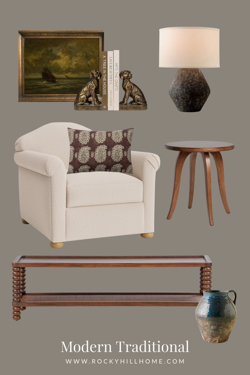 Recreate the cozy, curated look of a Modern Traditional home. This mood board blends Moody English Country vibes with timeless furniture pieces. Featuring a neutral armchair, dark wood textures, and vintage-inspired decor like brass bookends and oil paintings. Whether you're refreshing a reading nook or styling a full living room, these classic elements bring warmth and character to any space.

Design Tip: Mix rich wood tones with aged brass for an instant "collected over time" feel.


#LTKHome #LTKFindsUnder50 #LTKFindsUnder100