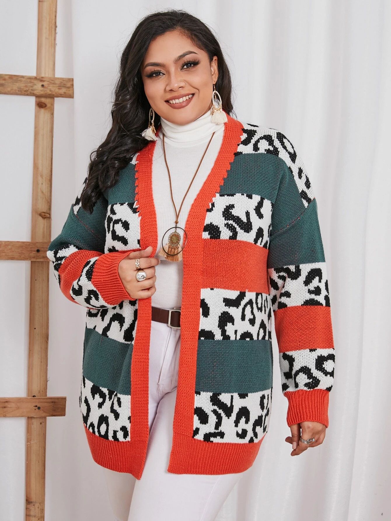Plus Color Block Leopard Pattern Drop Shoulder Cardigan | SHEIN
