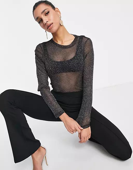 ASOS DESIGN glitter mesh long sleeve t-shirt in black | ASOS (Global)