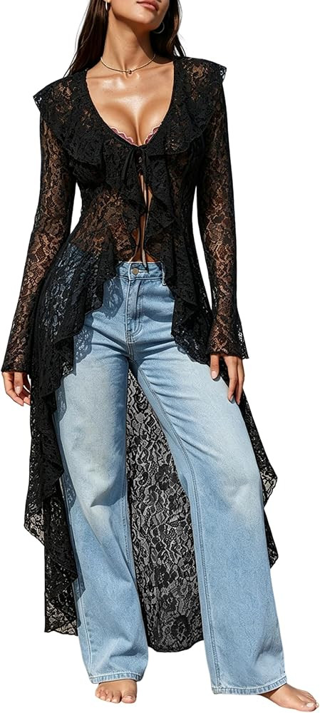 Lace Cardigan for Women Summer Floral Mesh Sheer Bell Long Sleeve Ruffled Collar Hem Tie Front Ma... | Amazon (US)