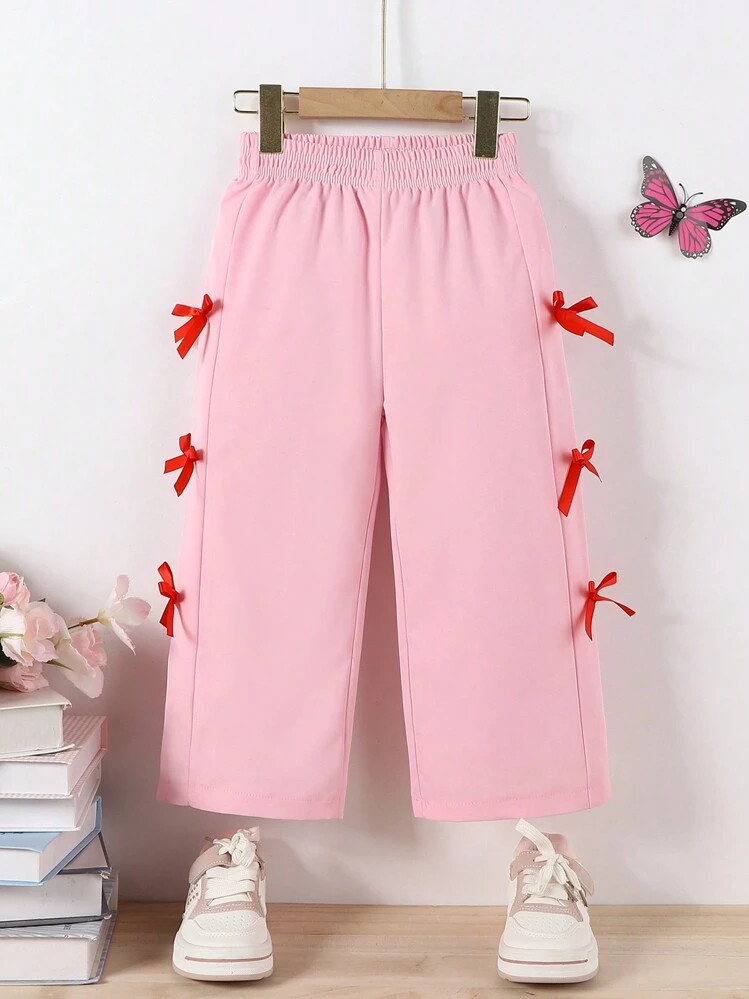 SHEIN Girls Stylish Fashion Pink Casual Wide Leg Pants With Bow Decor, Loose Fit High Waist Strai... | SHEIN
