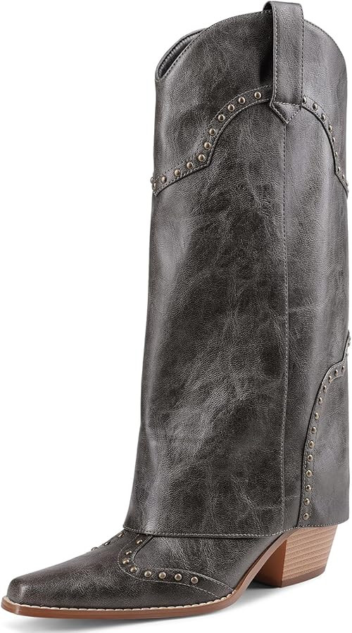 Women Shark Boots Fold Over Mid Calf Chunky Heel Snip Toe Cowboy Cowgirl Pull On Studded Boots fo... | Amazon (US)