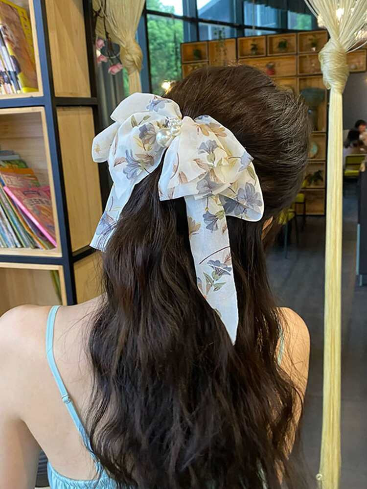 Floral Print Bow & Faux Pearl Decor Hair Clip | SHEIN